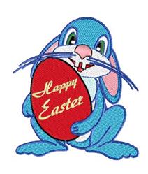 Cartoon blue rabbit with green eyes joyfully holding a red Easter egg, perfect for festive decorations.