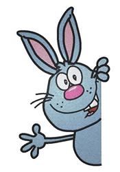 Playful blue rabbit with pink ears and nose, peeking out, perfect for cheerful Easter celebrations.