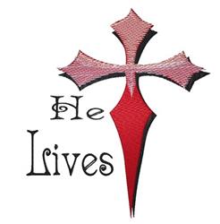 Bold cross in red and pink with black outlines, featuring the phrase 'He Lives'. Contemporary design for Easter.