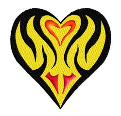 Stylized heart design features a bold black outline and vibrant yellow fill with intricate red flame patterns.