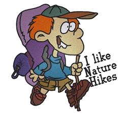 Cartoon boy with orange hair, blue shirt, and purple backpack, enjoying nature hikes with a walking stick.