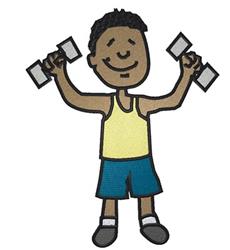 Cartoon boy lifting weights, wearing a yellow tank top and blue shorts, showcases a playful design.