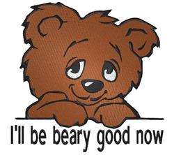 Cute cartoon bear resting on its paws with friendly expression, features playful text below in warm tones.