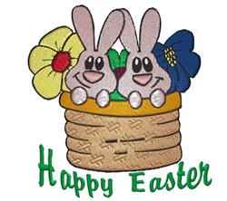 Two playful cartoon bunnies with big smiles sit on a woven basket, surrounded by bright flowers for Easter.