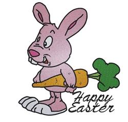 Cartoon bunny with large ears joyfully holding a green-leafed carrot, celebrating Easter with colorful 'Happy Easter' text.