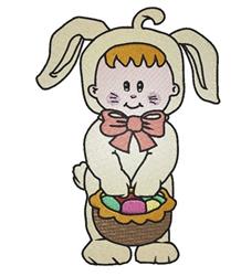 Cheerful bunny child holds a basket of colorful eggs. Playful design perfect for Easter-themed items.
