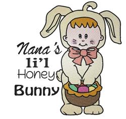 Cheerful child in a bunny costume with floppy ears and bow tie holds a colorful Easter basket, playful cartoon style.