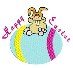 Playful bunny sitting on a pastel Easter egg with vibrant pink and yellow stripes, celebrating Easter.