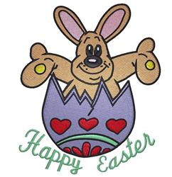 Playful cartoon bunny popping out of a purple egg decorated with red hearts, 'Happy Easter' text, festive design.