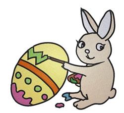 Cartoon bunny painting a vibrant Easter egg with colorful zigzags and polka dots, perfect for festive projects.