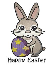 Cartoon bunny with large eyes holding a purple and yellow star-decorated egg for a cheerful Easter theme.