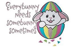 Playful bunny peeking from a vibrant striped Easter egg, surrounded by geometric shapes in pastel colors.