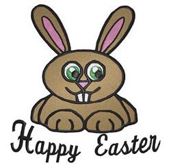 Playful bunny with green eyes and pink-tipped ears for Easter, featuring 'Happy Easter' text below.