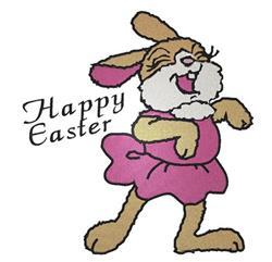 Cheerful bunny in a pink dress with 'Happy Easter' text, designed in a playful cartoon style for Easter.