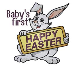 Cartoon bunny holding a purple 'HAPPY EASTER' sign on a yellow background, perfect for festive decor.