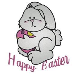 Cartoon bunny rabbit holding an Easter egg, featuring gentle features and cheerful 'Happy Easter' text. Ideal for spring deco