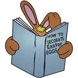 Cartoon bunny reading 'HOW TO DECORATE EASTER EGGS' book, with pink ears, soft colors, and decorative eggs for Easter.