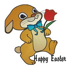 Playful bunny holding a red rose with a blue bowtie while 'Happy Easter' text decorates the scene.