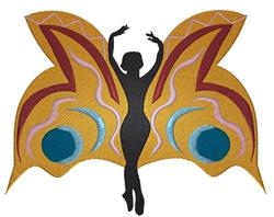 Vibrant butterfly with large yellow wings and intricate red, blue patterns featuring a black dancer silhouette.