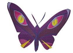 Vibrant butterfly with purple wings highlighted by pink and yellow details, showcasing intricate stylized patterns.