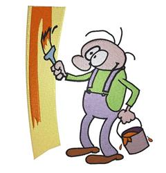 Cartoon character in a green shirt and purple pants holds a paintbrush with orange paint, beside a paint bucket.