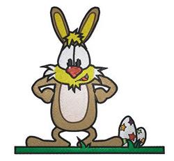 Playful cartoon rabbit with bright yellow accents stands on green grass, surrounded by decorative eggs for Easter.