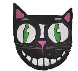 Playful black cat face with large green eyes, pink nose, and a broad grin, perfect for machine embroidery.
