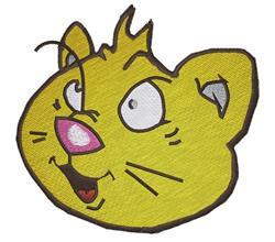 Cartoonish cat head with bright yellow fur, playful expression, pink nose, and white eyes. Ideal for playful designs.