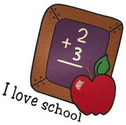 Chalkboard with playful math equations on a purple backdrop, a red apple beside the 'I love school' phrase.