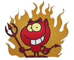 Cheerful cartoon devil holding a pitchfork, surrounded by vibrant flames, perfect for Halloween decor.