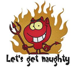 Cheerful red devil character with a pitchfork and flames, featuring playful Halloween design elements.