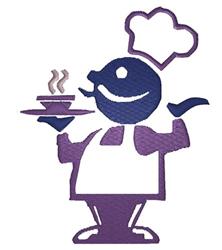 Cheerful chef character with a playful cartoon style, wearing a hat and holding a steaming plate.
