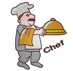Cartoon chef wearing a white hat and gray uniform, holding a gold tray and towel, with cheerful 'Chef' text.