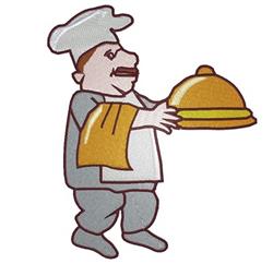 Cartoon chef with a cheerful smile holds a covered serving tray, dressed in a classic apron and hat. Perfect for kitchen embr
