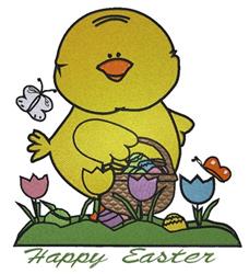 Cheerful yellow chick in applique style holds a basket of Easter eggs, surrounded by colorful flowers and a butterfly.