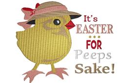 Playful yellow chick wearing a straw hat with a pink bow, surrounded by colorful text celebrating Easter.