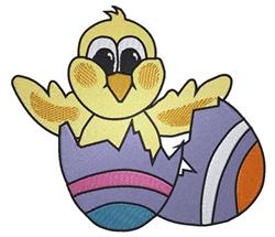 Playful chick peeking from a broken purple egg with colorful stripes, perfect for Easter-themed projects.