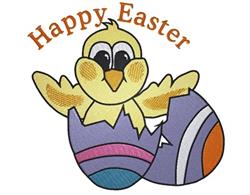 Cheerful yellow chick emerging from a broken Easter egg with colorful patterns, perfect for festive decor.