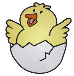 Cheerful yellow chick with raised wings, smiling face, emerging from a cracked white egg in a playful Easter design.