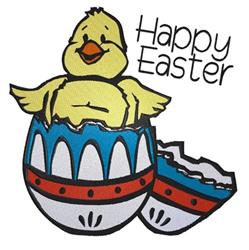 Cheerful yellow chick bursting from a blue and red Easter egg, perfect for festive spring machine embroidery.