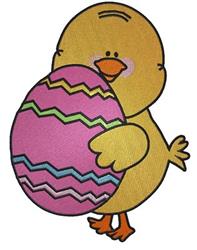 Cheerful chick with pink and purple zigzag egg, vibrant, cartoonish style for Easter celebrations.