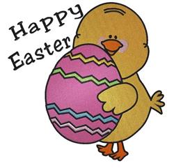 Cheerful chick holding a pink Easter egg with colorful patterns, featuring 'Happy Easter' text. Perfect for festive spring pr