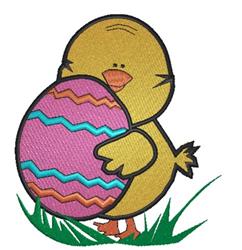 Cartoonish yellow chick holding a pink and blue Easter egg on green grass, perfect for festive spring designs.