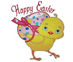 Playful yellow chick carrying a vibrant pink Easter egg with polka dots for a festive celebration.