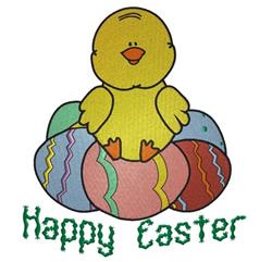 Cheerful yellow chick sits on colorful Easter eggs, with 'Happy Easter' text in playful green font.