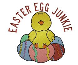 Cheerful chick on vibrant Easter eggs, featuring bold text 'EASTER EGG JUNKIE', playful and colorful design.