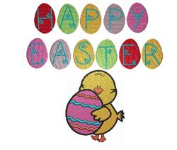 Colorful design featuring a yellow chick with a multi-colored Easter egg, vibrant eggs, and 'HAPPY EASTER' text, perfect for