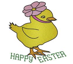 Cartoonish yellow chick with a pink flower on its head, 'HAPPY EASTER' in green text, perfect for festive decor.