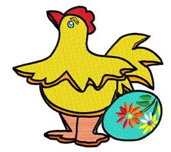 Colorful applique chicken with a red comb beside a vibrant Easter egg, perfect for festive greetings.