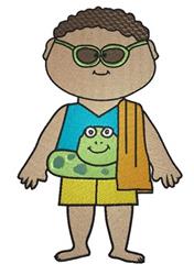 Cartoon child with curly hair and sunglasses holding a frog floatation ring in summer colors, with a towel on the shoulder.